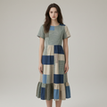Summer ruffled cotton and linen patchwork contrast color dress 6b5d - front