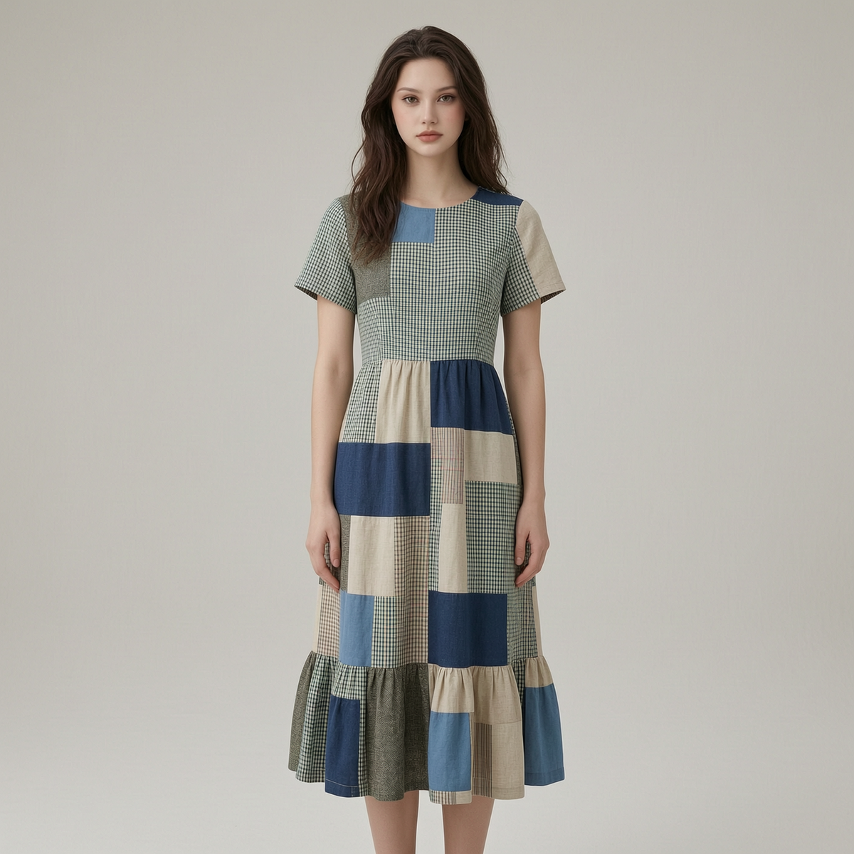 Summer ruffled cotton and linen patchwork contrast color dress 6b5d - front