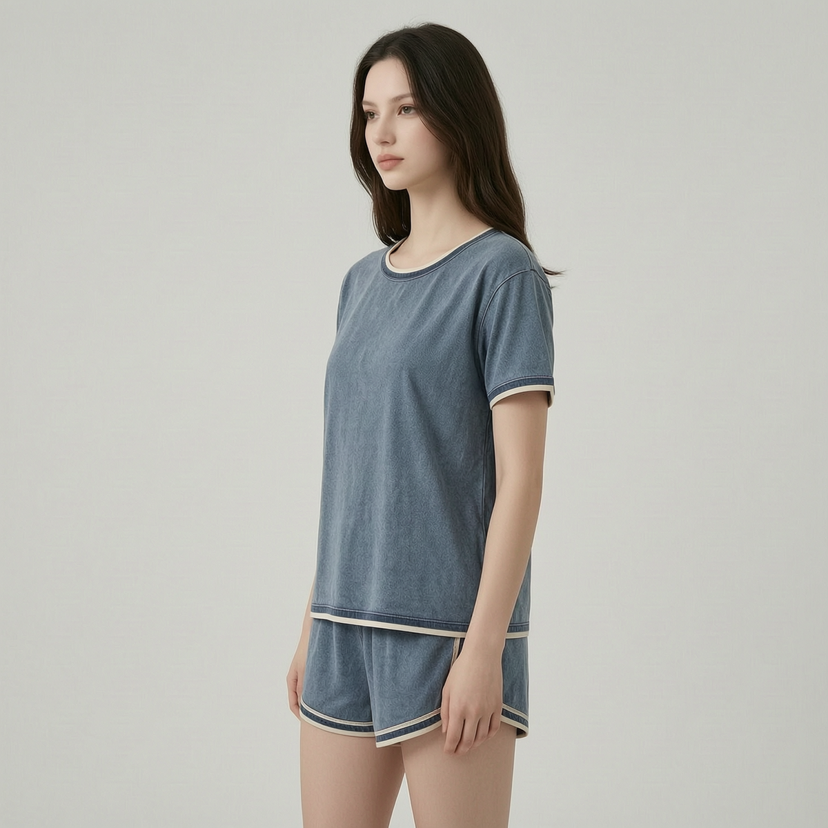 Retro Contrast-Trim Washed Cotton Set - left45