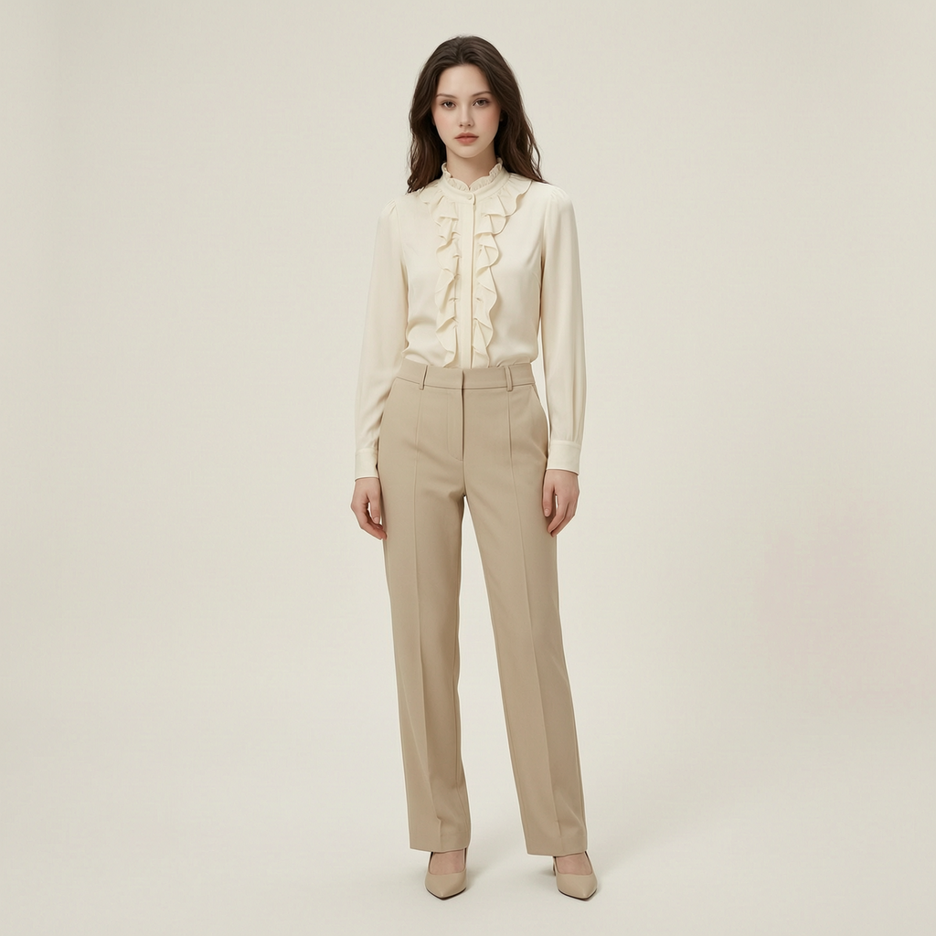 Refined Cream Ruffle Blouse & Tailored Trousers Set - front