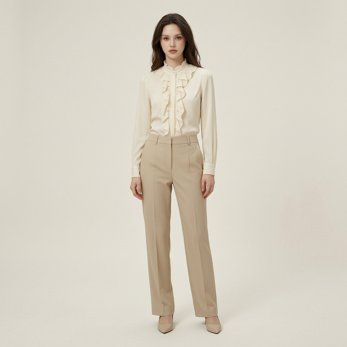 Refined Cream Ruffle Blouse & Tailored Trousers Set - front