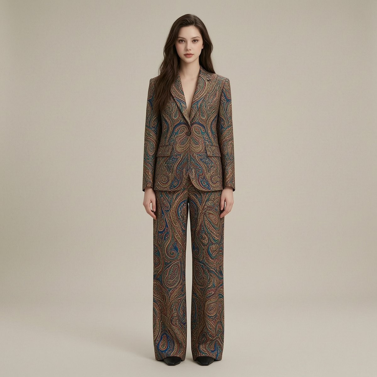Exquisite paisley print wide leg pantsuit - front