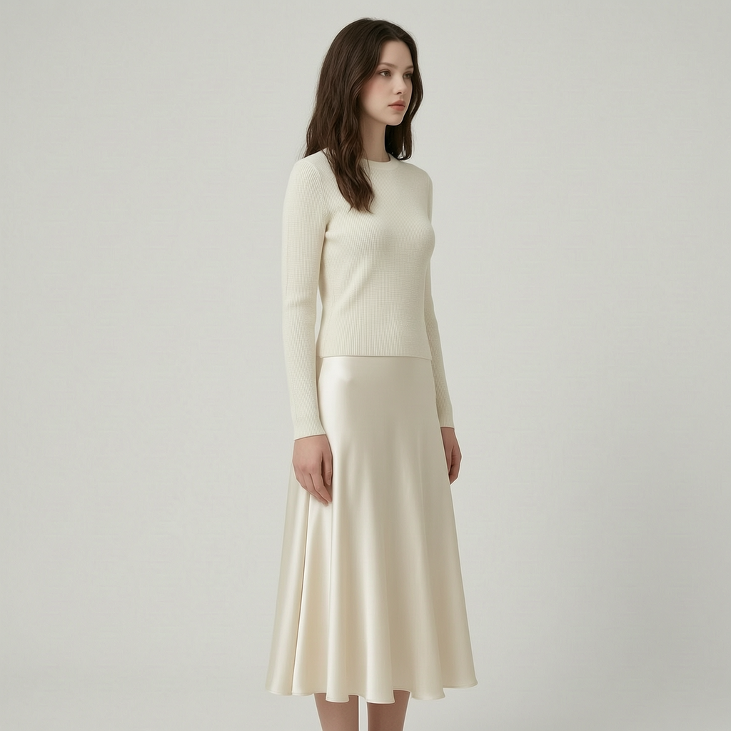 Effortless Ivory Knit & Satin Midi Ensemble - left45