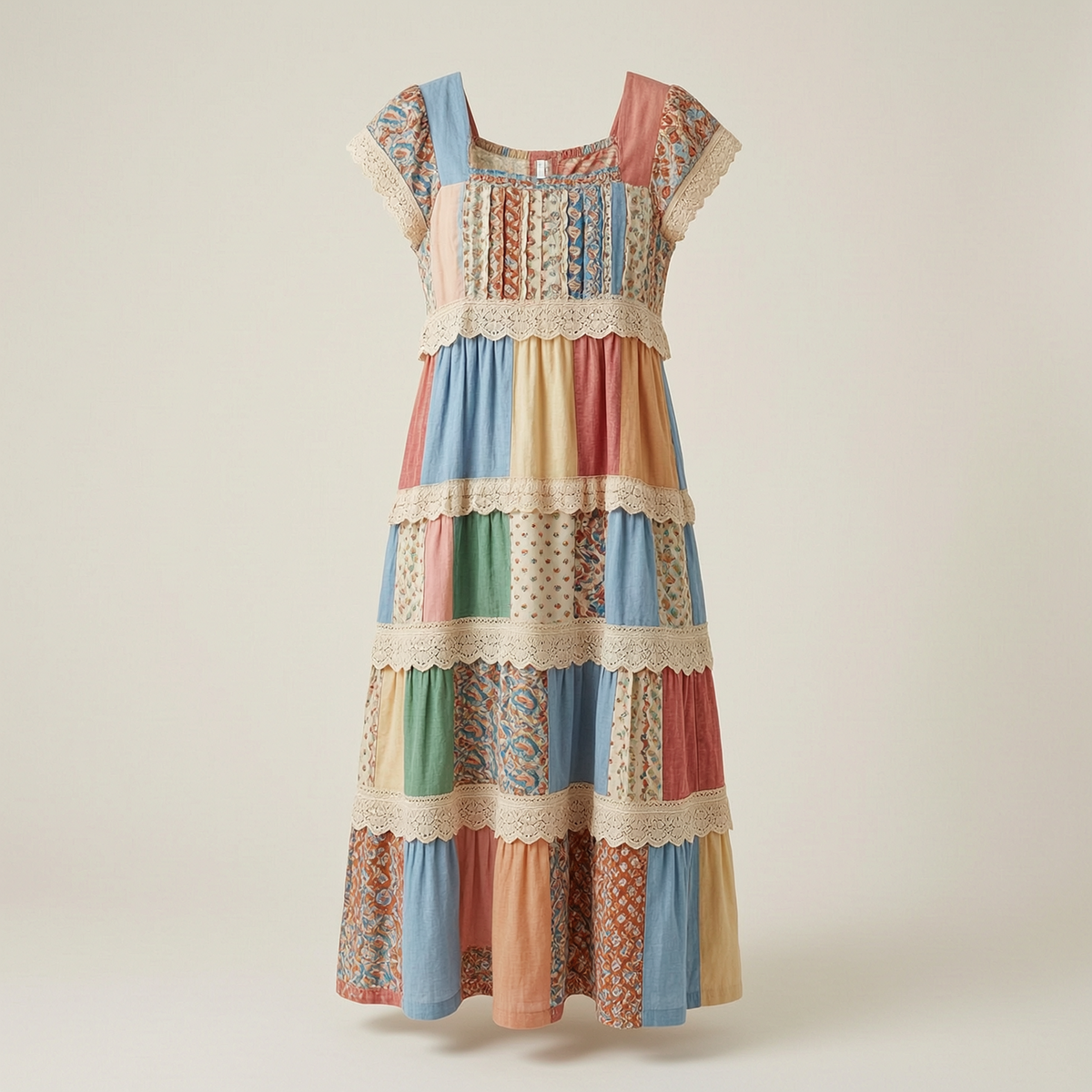 Summer Vacation Seaside Ruffle Lace Patchwork Dress 97a8 - front