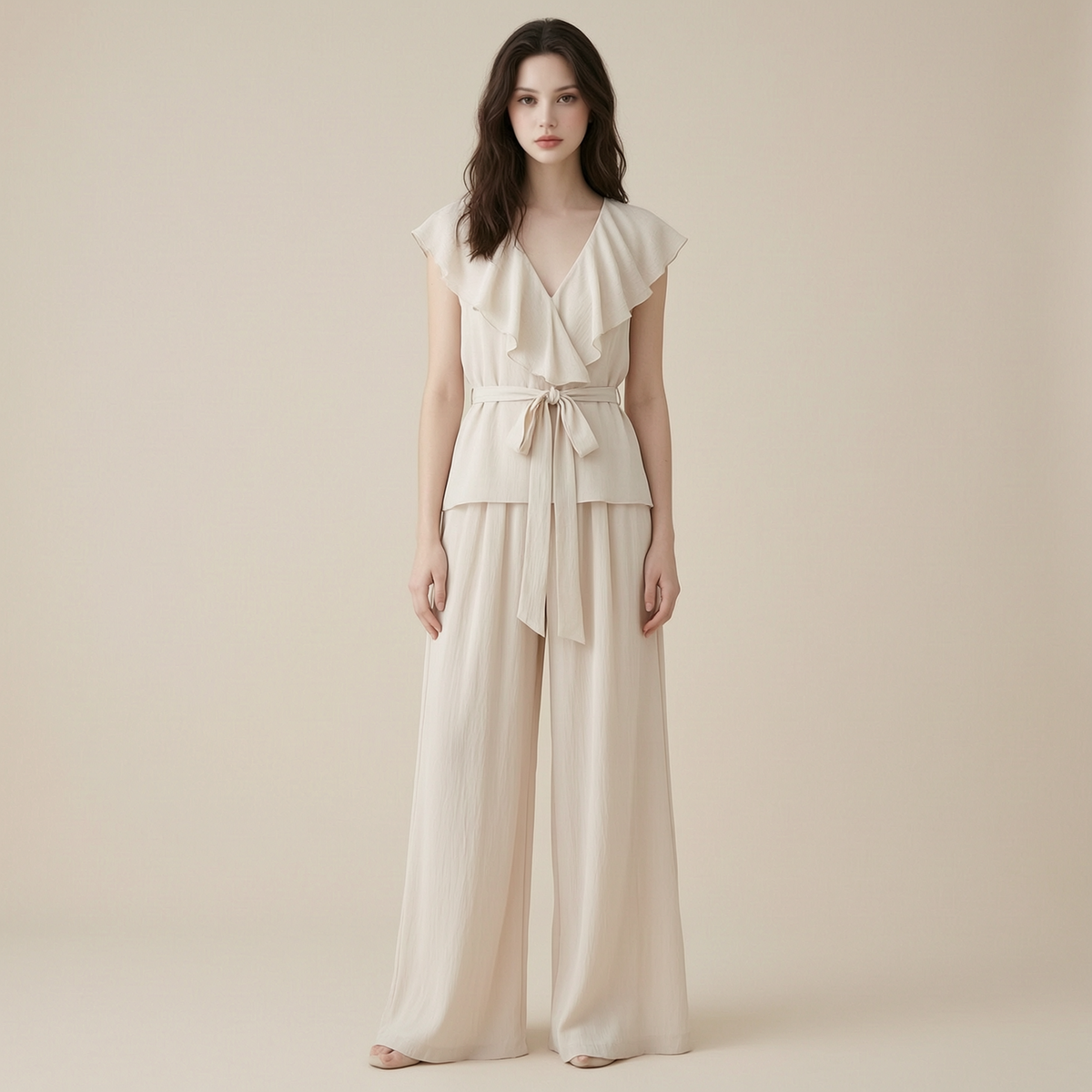 Ethereal Ruffled V-Neck Belted Wide-Leg Set - front