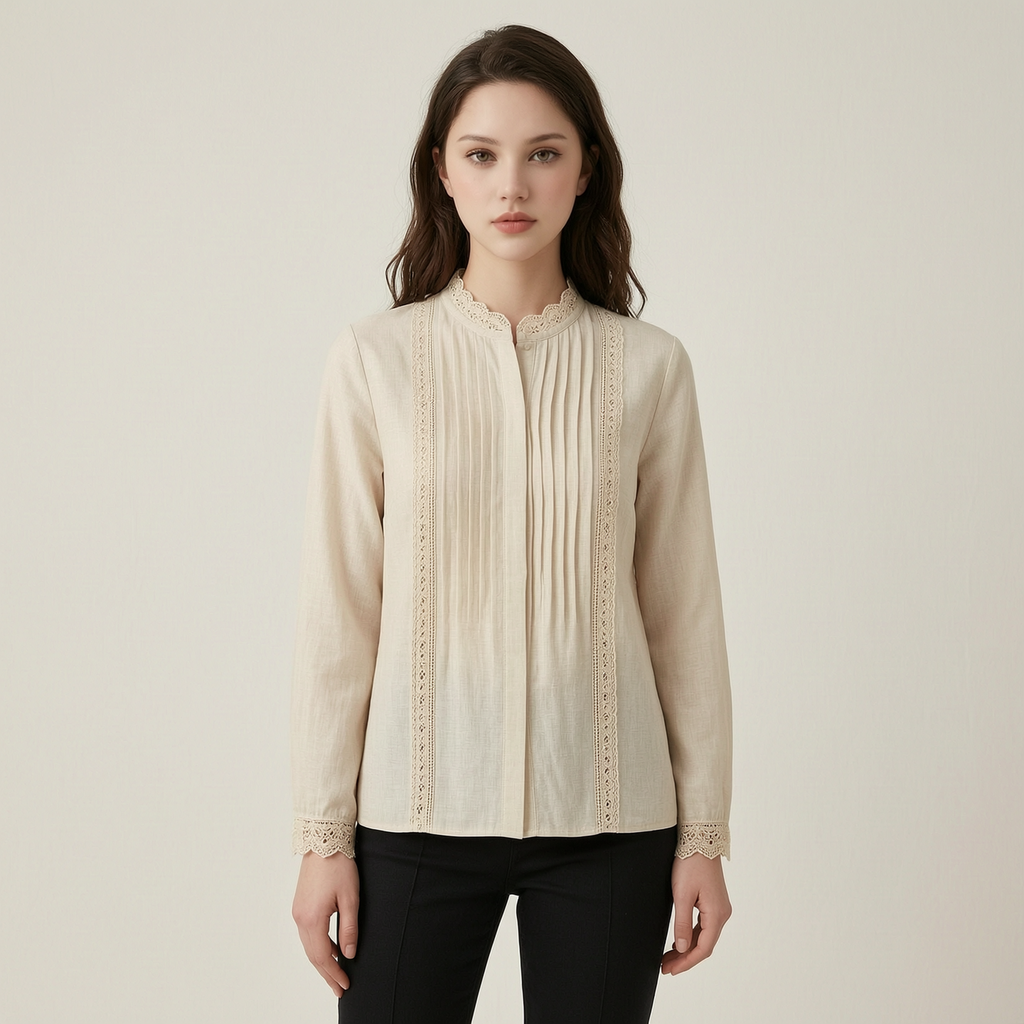 Lace-trimmed Pleated Cotton Linen Blouse - front