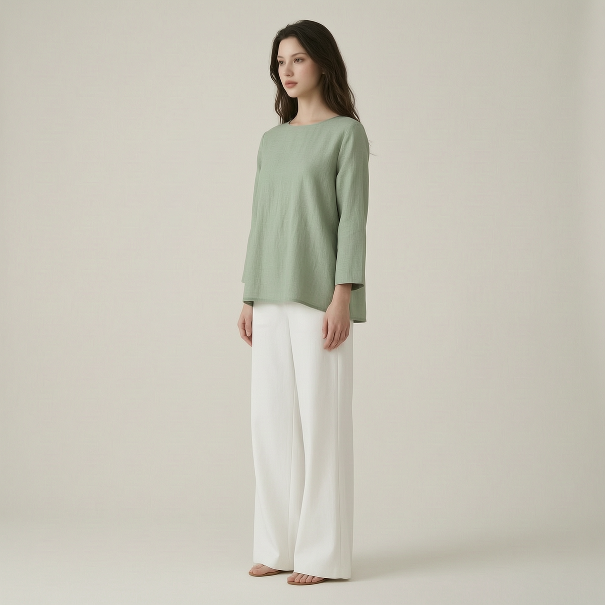 Sage Linen Blouse & Relaxed White Trousers Everyday Escape Set - left45