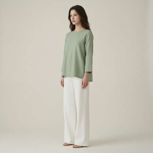 Sage Linen Blouse & Relaxed White Trousers Everyday Escape Set - left45