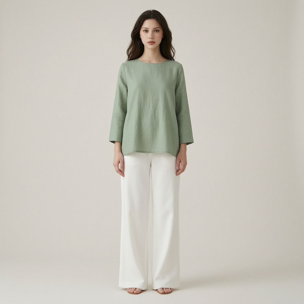 Sage Linen Blouse & Relaxed White Trousers Everyday Escape Set - front
