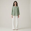 Sage Linen Blouse & Relaxed White Trousers Everyday Escape Set - front