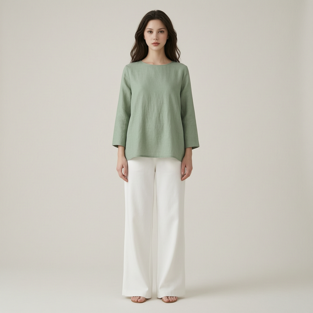 Sage Linen Blouse & Relaxed White Trousers Everyday Escape Set - front