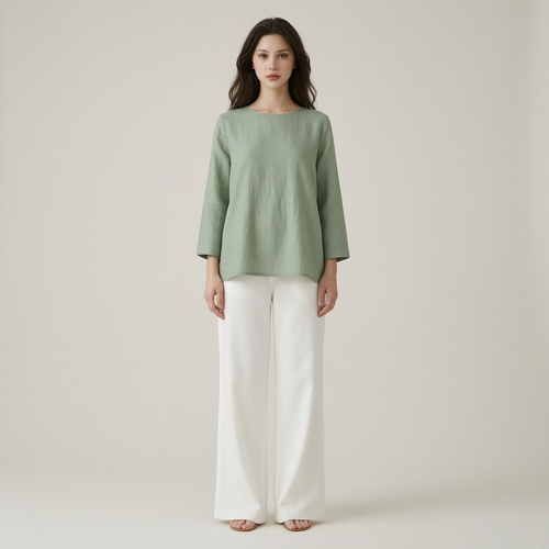 Sage Linen Blouse & Relaxed White Trousers Everyday Escape Set - front