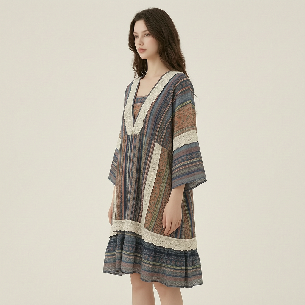 Summer Vacation Ruffle Lace Contrast Color Kimono+Dress Set 208b - left45