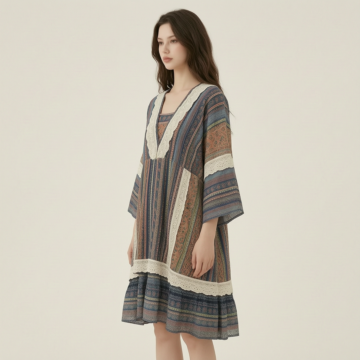 Summer Vacation Ruffle Lace Contrast Color Kimono+Dress Set 208b - left45