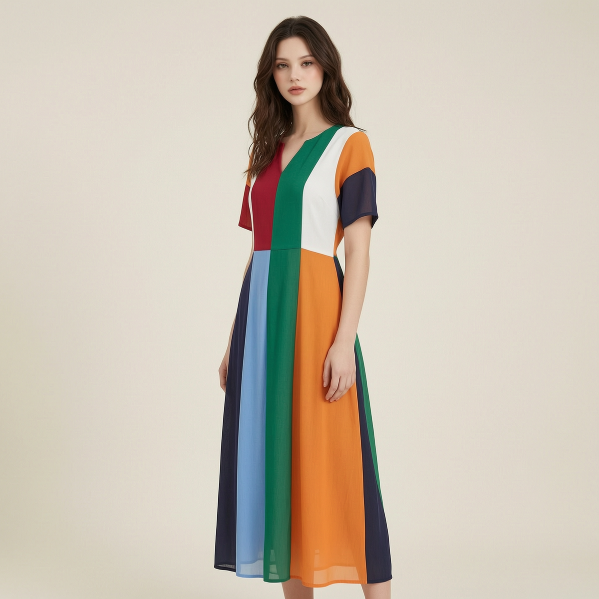 Summer vacation fashion elegant contrast color dress 7240 - front