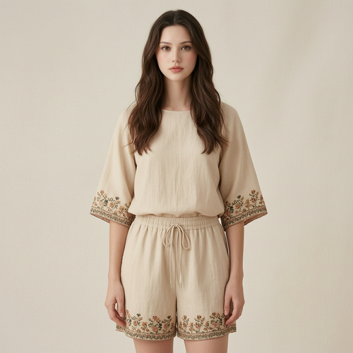 Relaxed Bohemian Inspired Floral Trim Resort Set - front