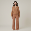 Vintage Ribbed Half-Zip Long Sleeve Top and Wide Leg Pants Knit Two-Piece Set - front
