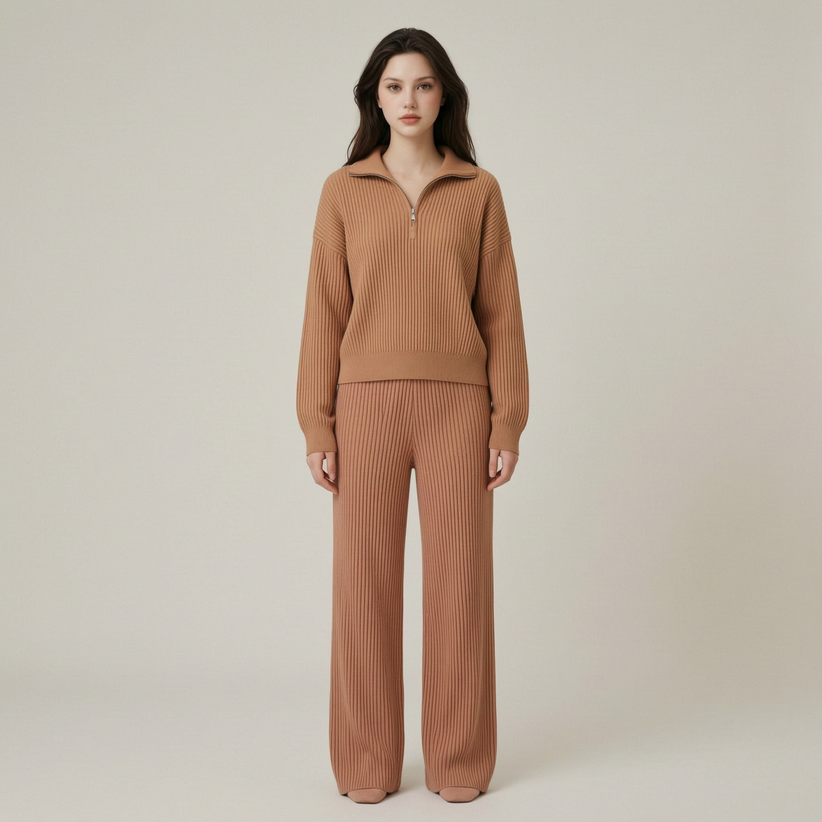 Vintage Ribbed Half-Zip Long Sleeve Top and Wide Leg Pants Knit Two-Piece Set - front