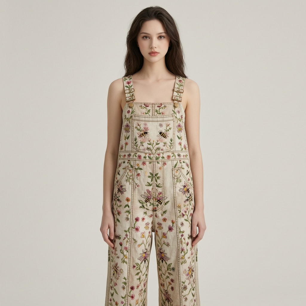 Summer Floral Bee Patchwork Embroidered Overalls 6fe9 - front