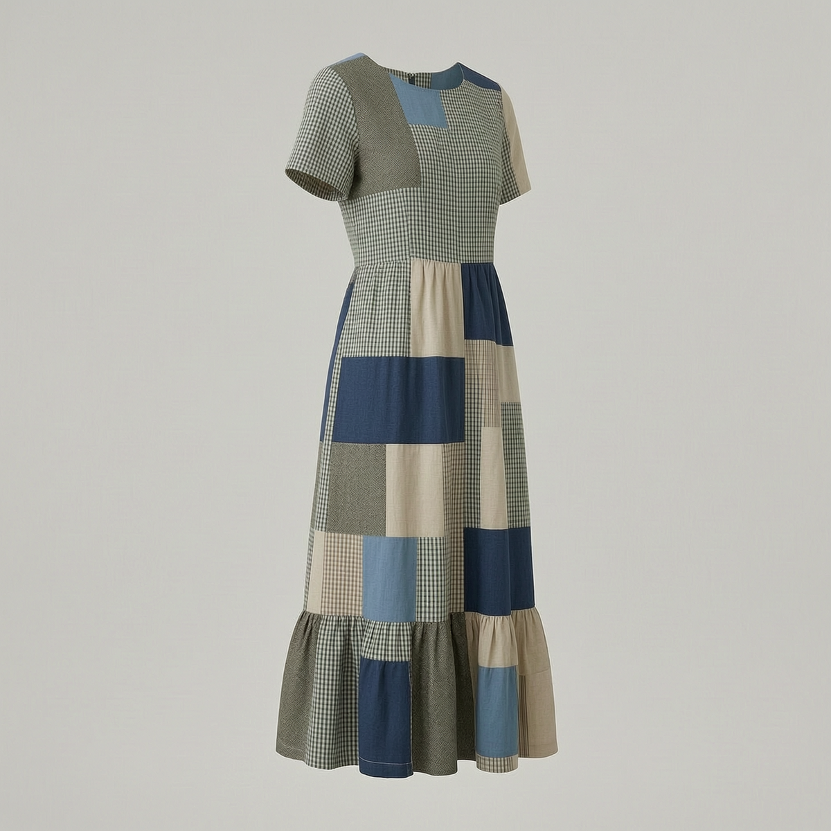 Summer ruffled cotton and linen patchwork contrast color dress 6b5d - left45