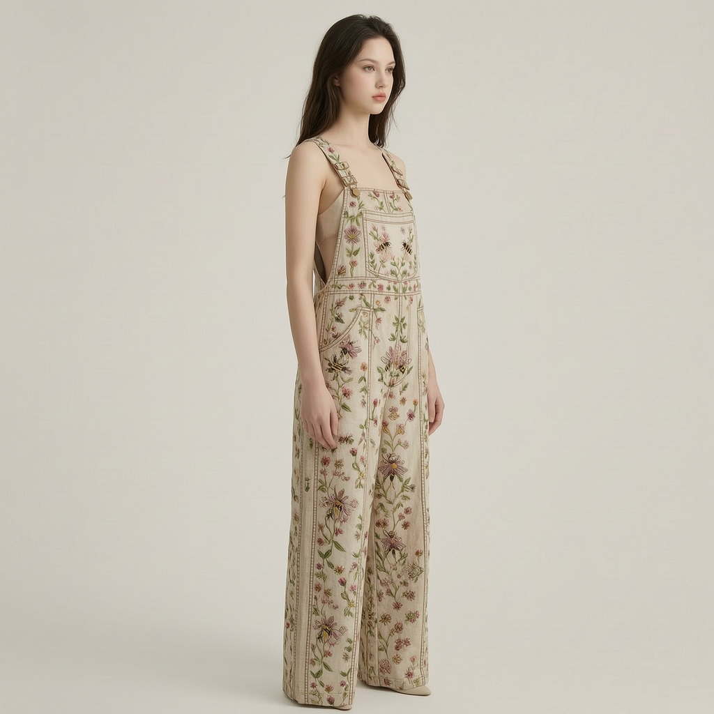 Summer Floral Bee Patchwork Embroidered Overalls 6fe9 - left45