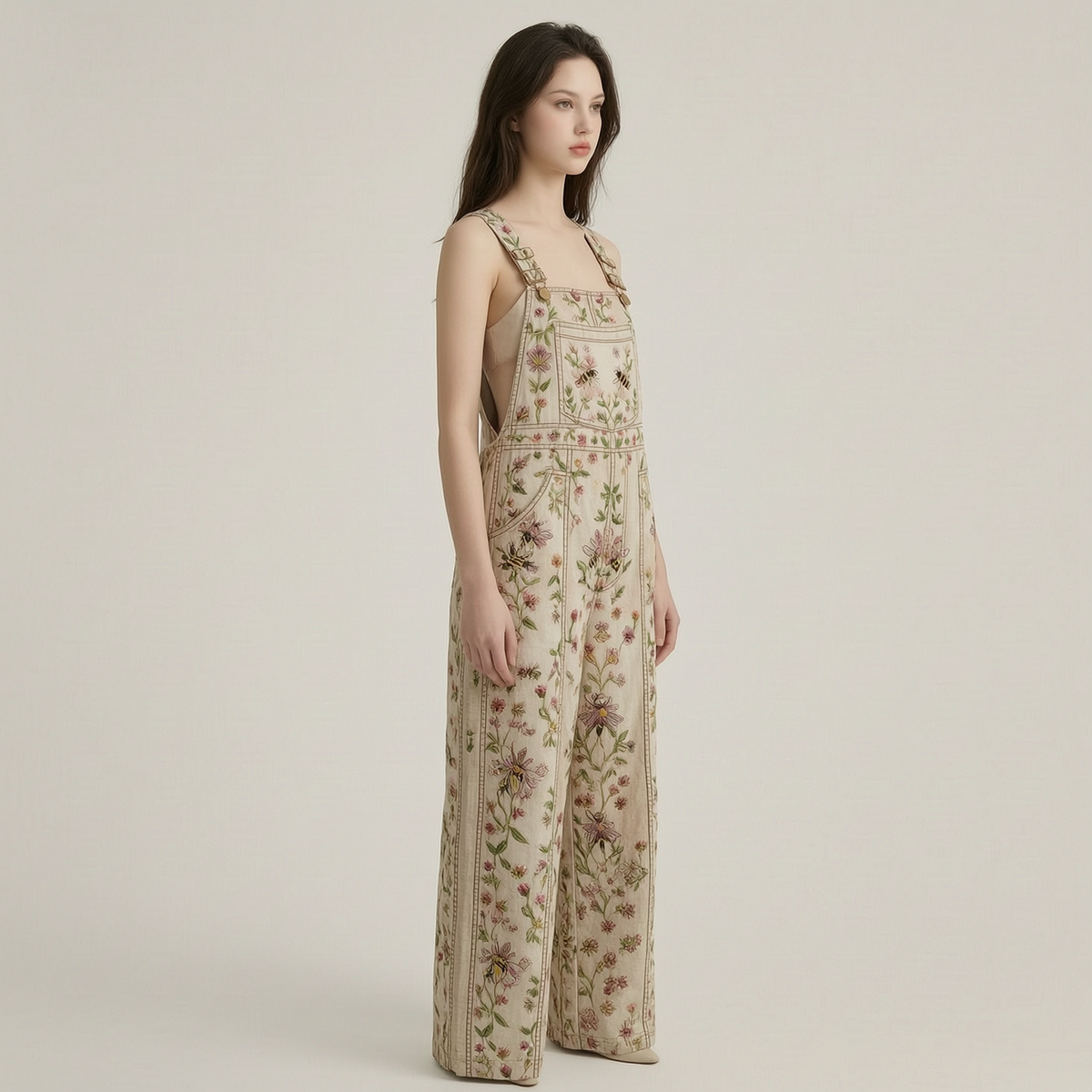 Summer Floral Bee Patchwork Embroidered Overalls 6fe9 - left45