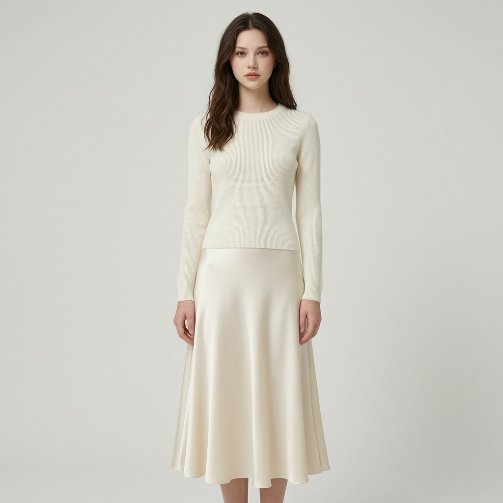 Effortless Ivory Knit & Satin Midi Ensemble - front