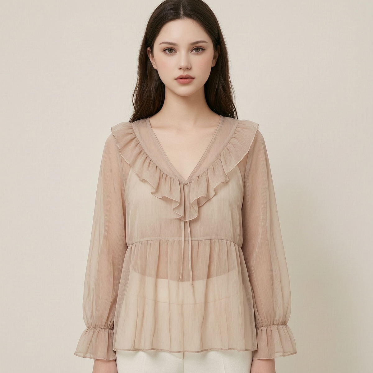 Sheer Ruffle V-Neck Bohemian Blouse - front