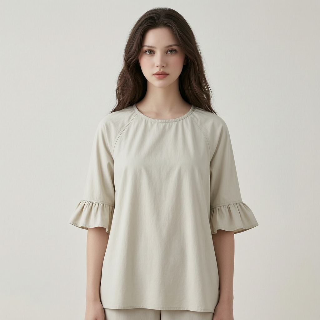 Cotton Ruffle Cuffs Blouse - front