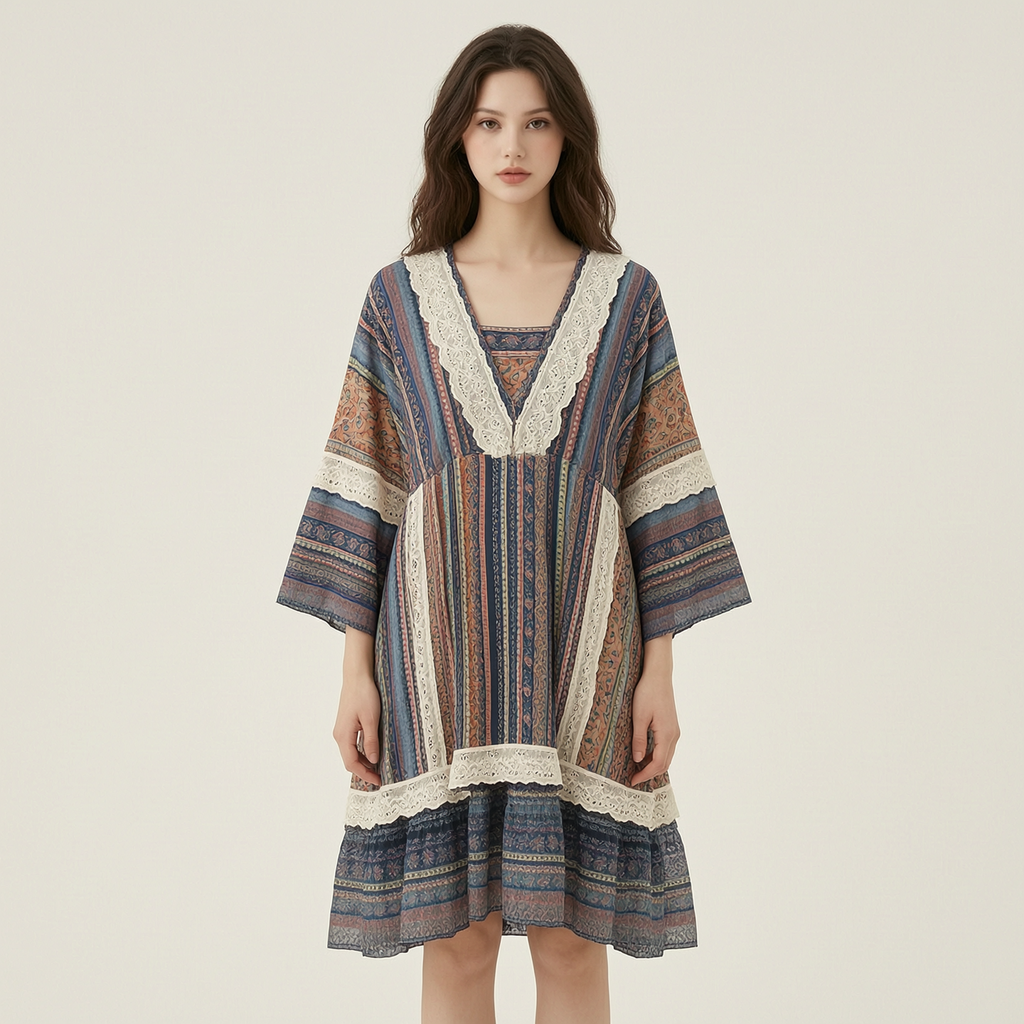 Summer Vacation Ruffle Lace Contrast Color Kimono+Dress Set 208b - front
