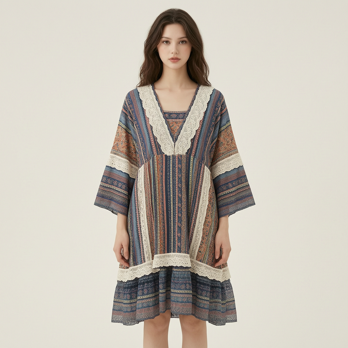 Summer Vacation Ruffle Lace Contrast Color Kimono+Dress Set 208b - front