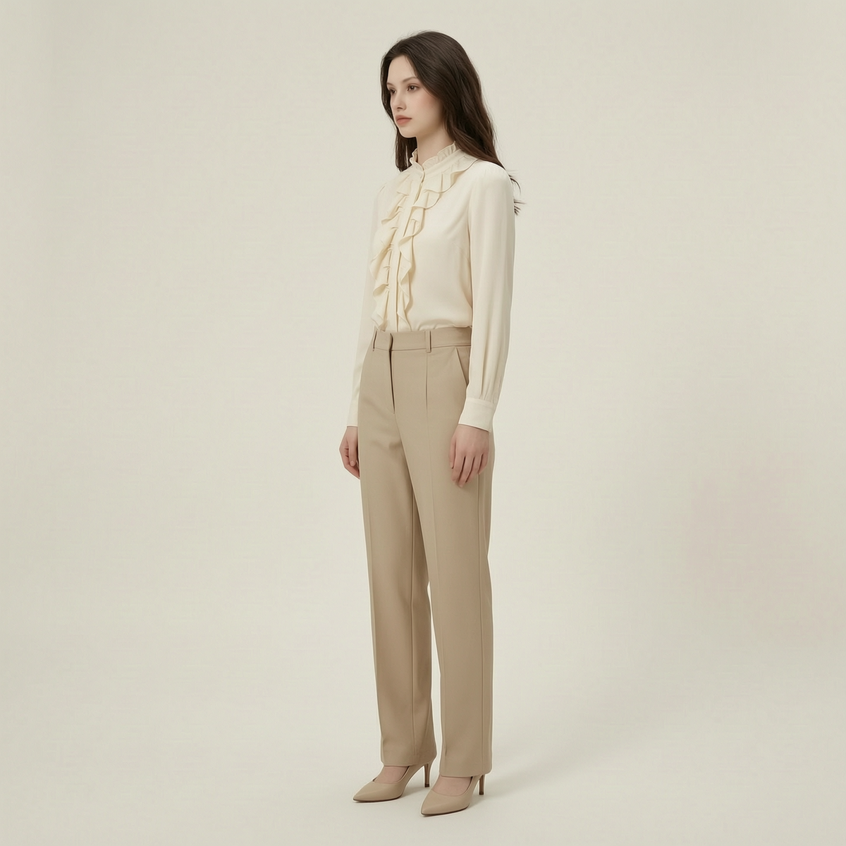 Refined Cream Ruffle Blouse & Tailored Trousers Set - left45