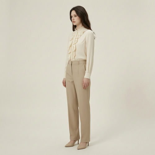 Refined Cream Ruffle Blouse & Tailored Trousers Set - left45