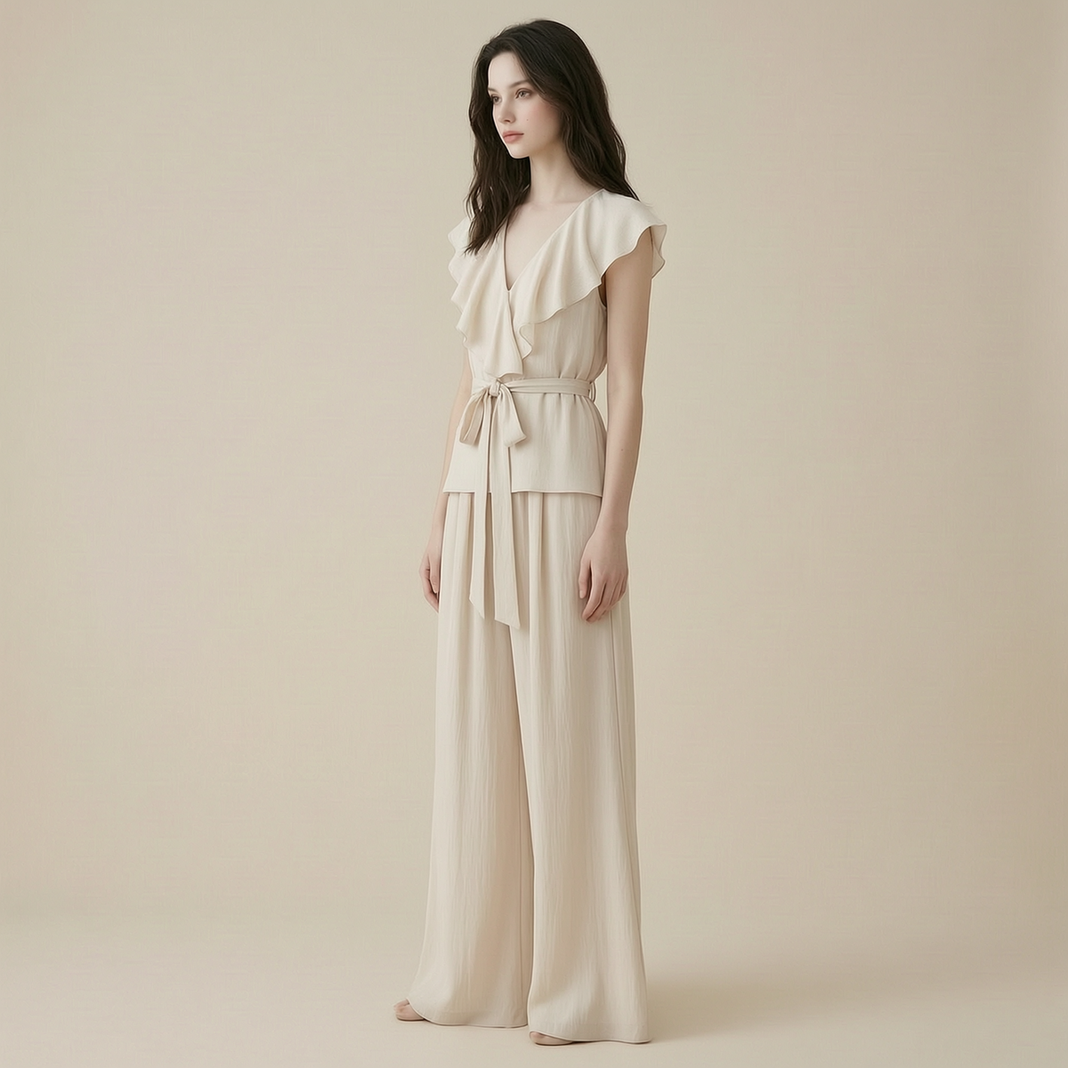 Ethereal Ruffled V-Neck Belted Wide-Leg Set - left45