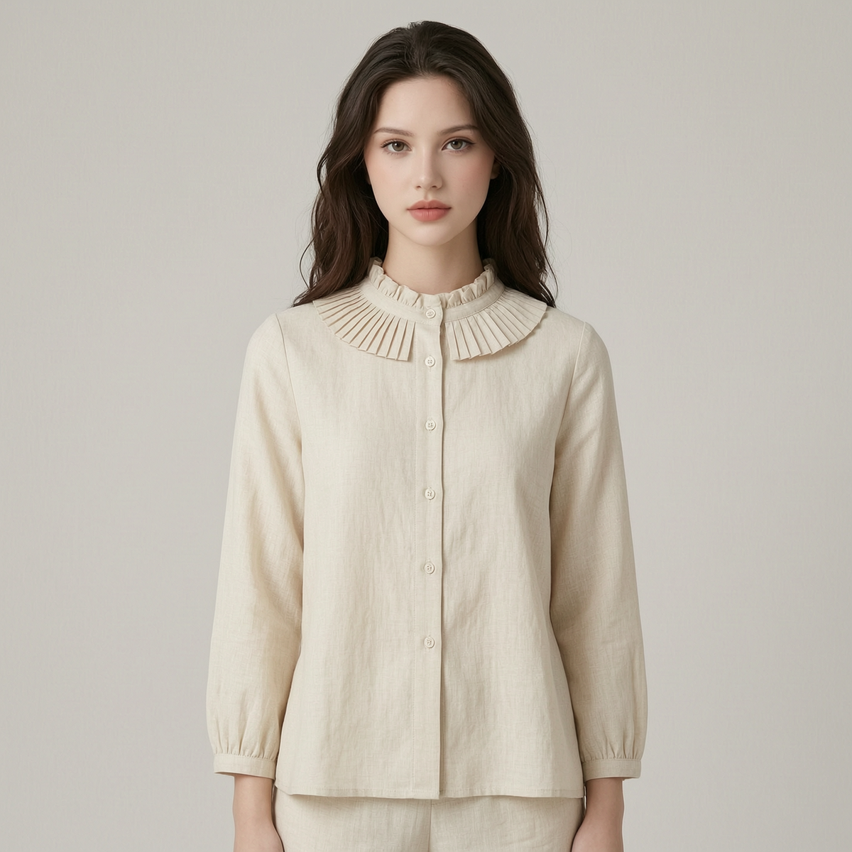 Easy-to-wear Ruffled Pleated Collar Cotton Linen Blouse - front