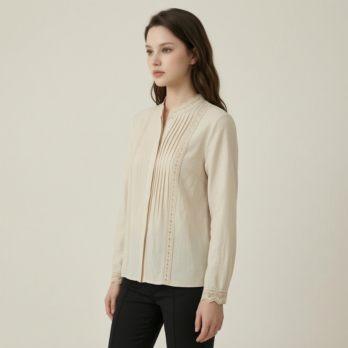Lace-trimmed Pleated Cotton Linen Blouse - left45