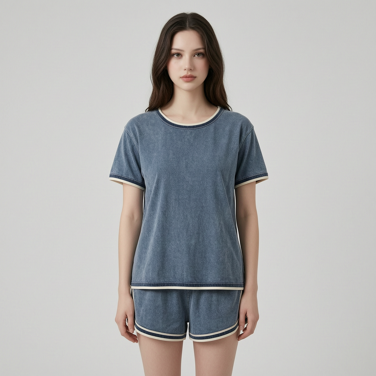 Retro Contrast-Trim Washed Cotton Set - front