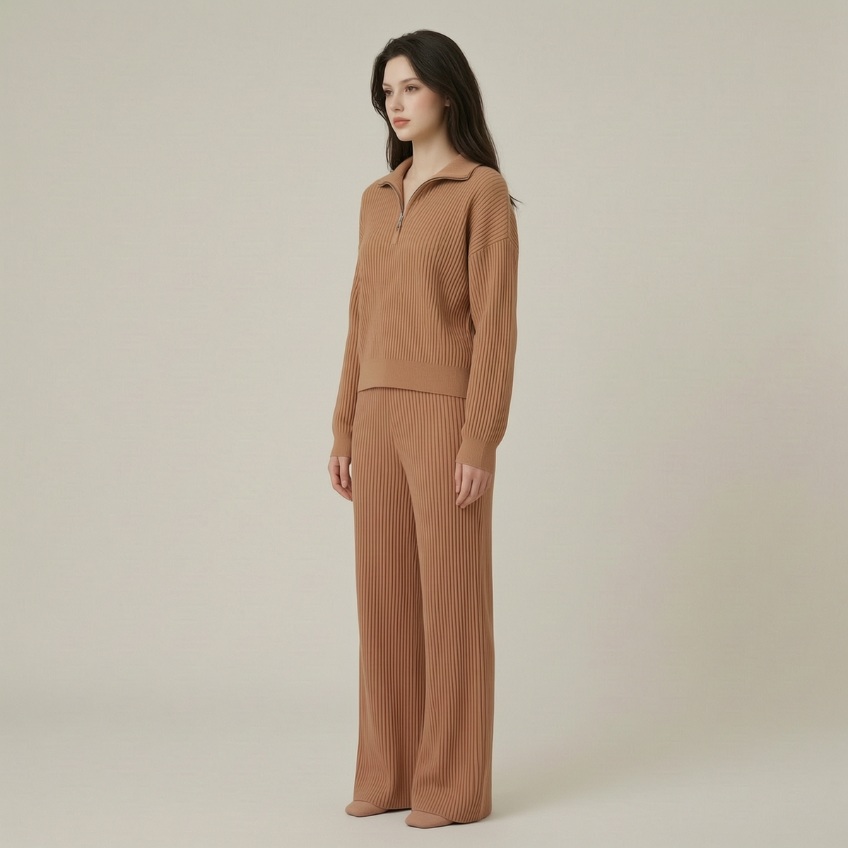 Vintage Ribbed Half-Zip Long Sleeve Top and Wide Leg Pants Knit Two-Piece Set - left45