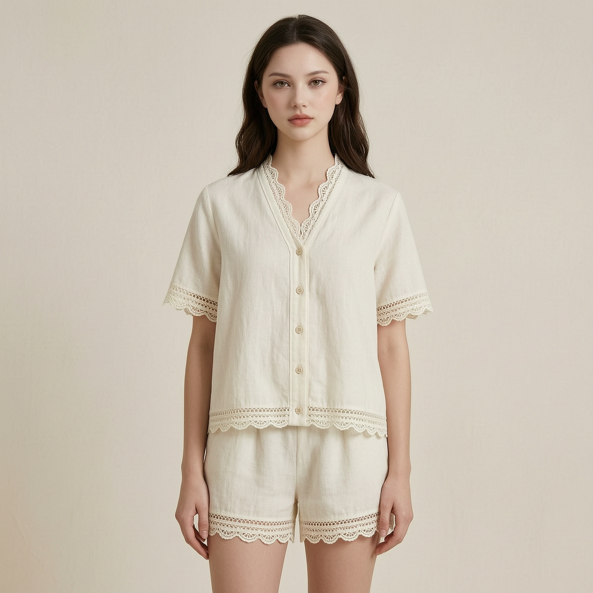 Vintage Lace-trimmed Cotton-linen Matching Set - front