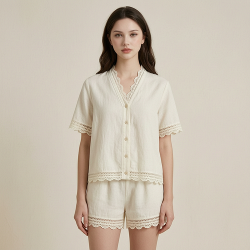 Vintage Lace-trimmed Cotton-linen Matching Set - front