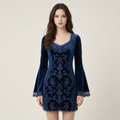 Embroidery Bell Sleeves Velvet Dress With Lace Trim - front