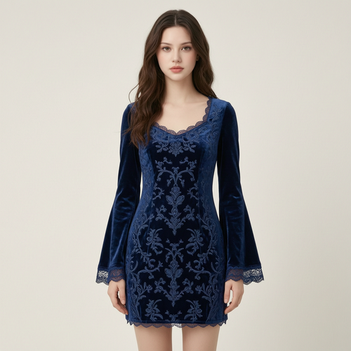 Embroidery Bell Sleeves Velvet Dress With Lace Trim - front